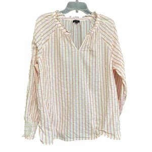 Talbots White Pink Orange Striped Yellow Swiss Dot Blouse XL Long Sleeve Ruffle